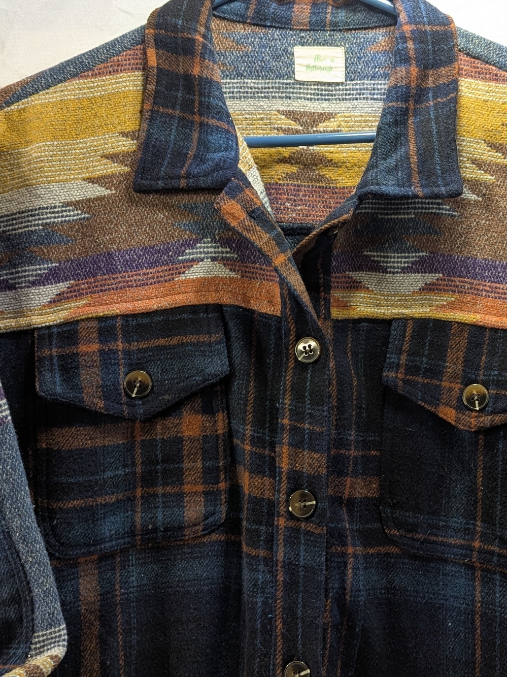 Blue Buttercup Southwestern Print W/ Navy Plaid Flannel Button-Up  Ladies Size L